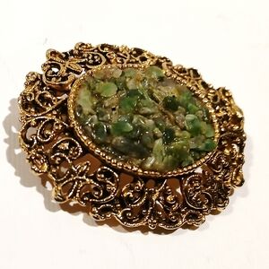 Vintage Goldtine and Green Crushed Jade Brooch